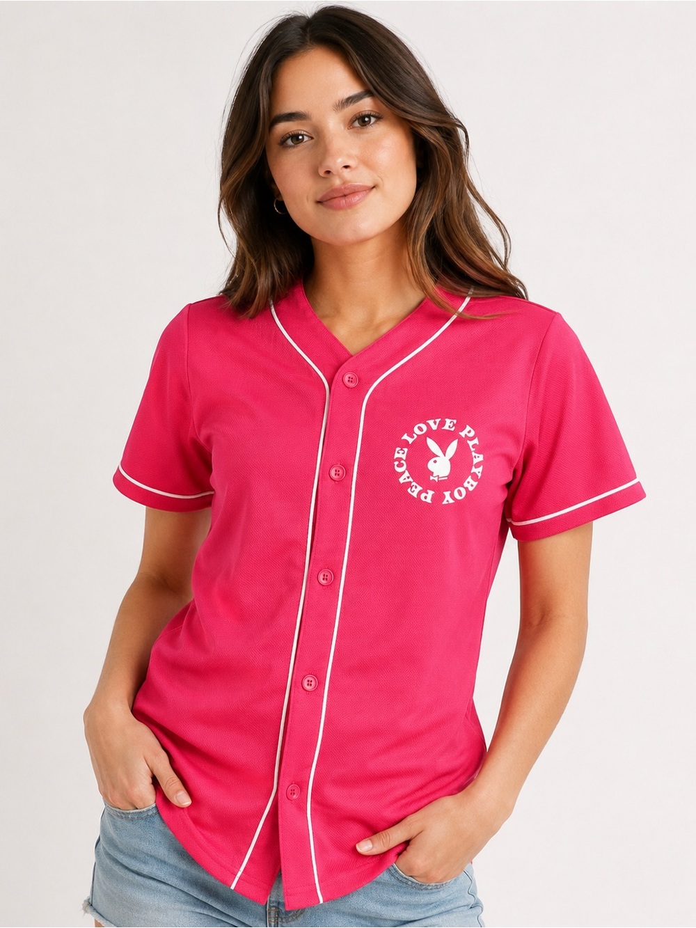 Playboy Women’s Small Pink Baseball Jersey Button Front Bunny Logo Y2K